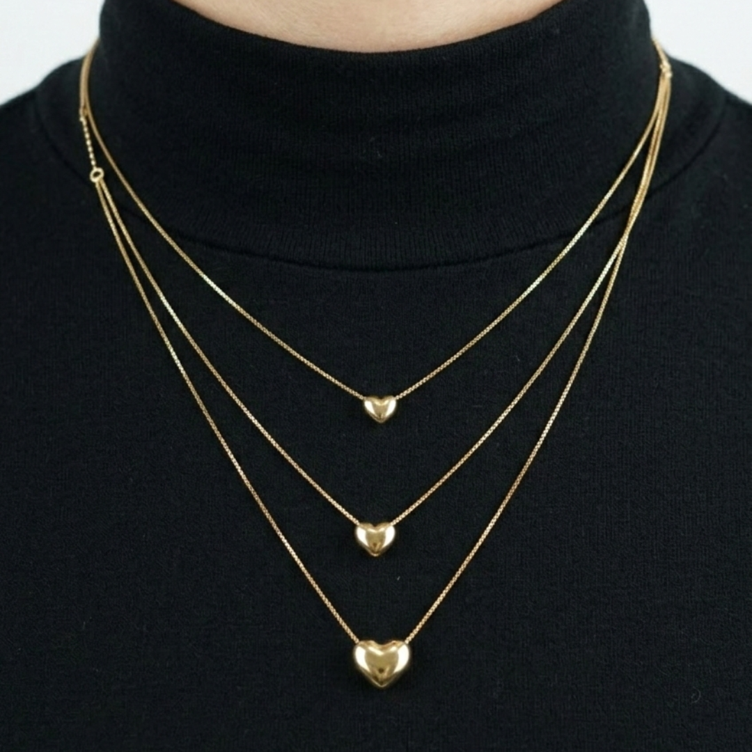 18K Japan Gold Triple Heart Layering Necklace