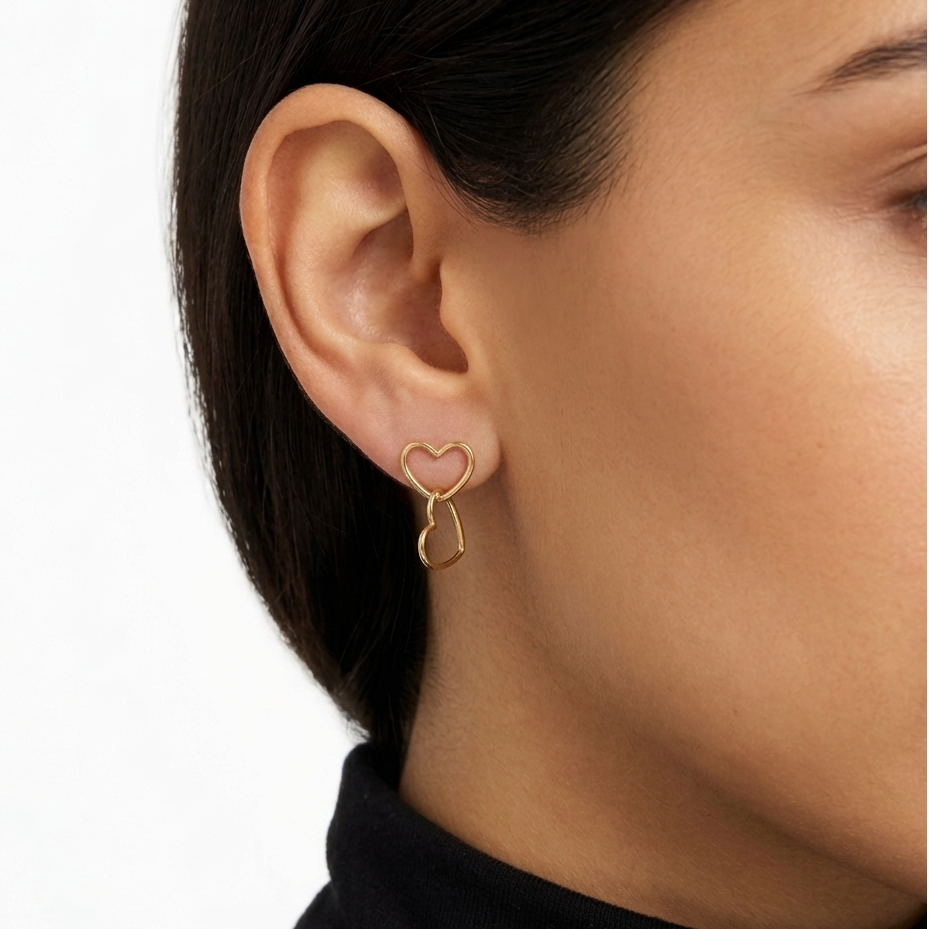 18K Japan Yellow Gold Double Heart Dangle Earrings