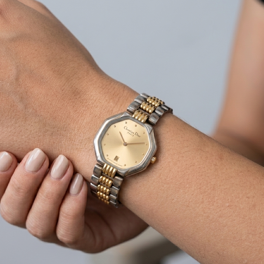 Pre-Loved Vintage Christian Dior Déposé Octagon Vintage Women's Watch in Two Tone Steel and Gold