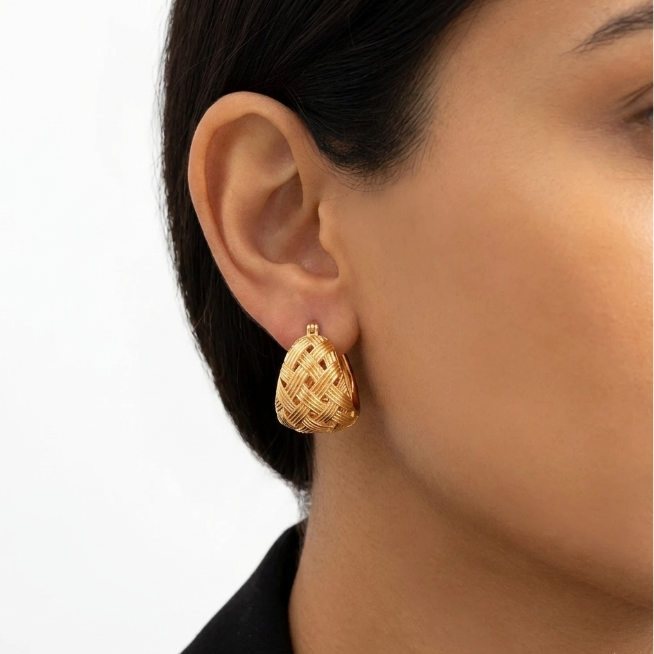 18K Japan Yellow Gold Woven Design Hoop Earrings