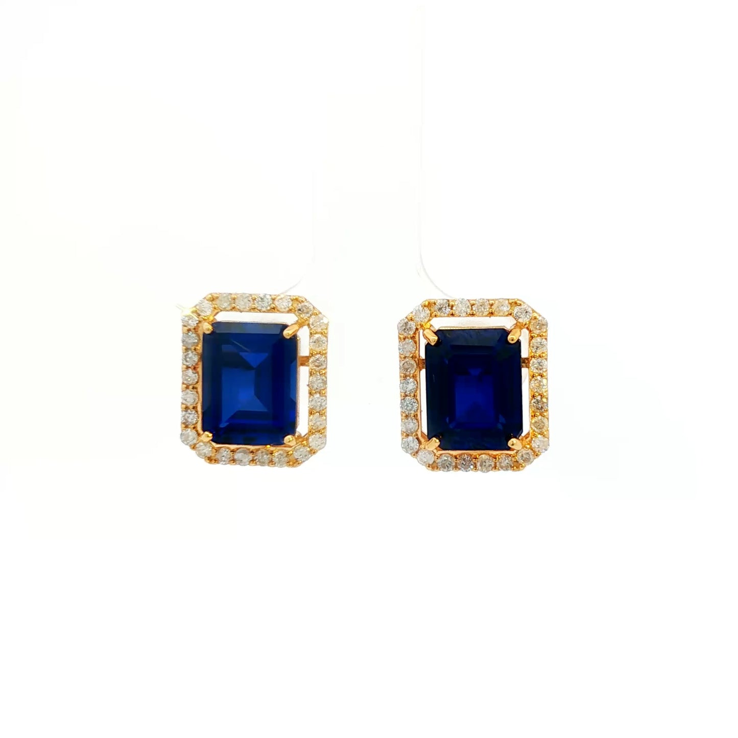 18K Yellow Gold Stud Gemstone Earrings with Deep Blue Emerald Cut Sapphires