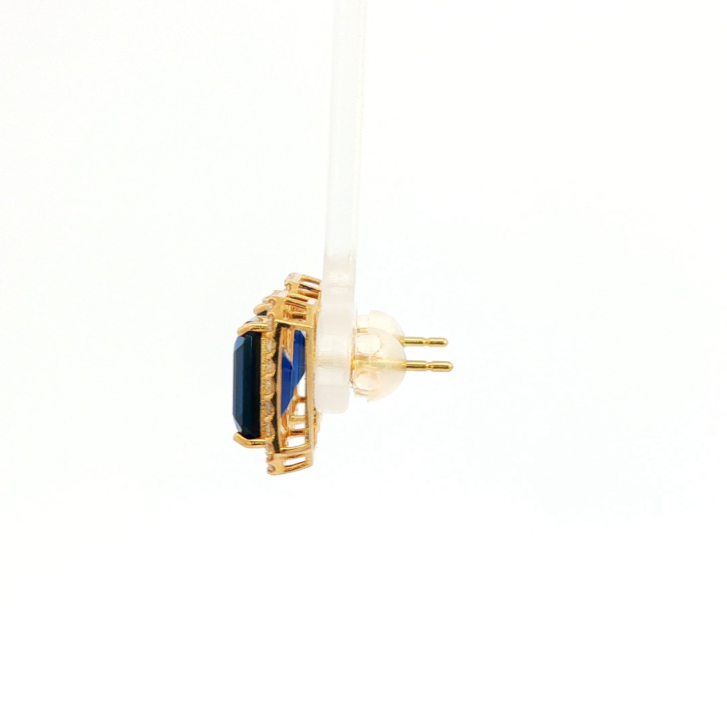 18K Yellow Gold Stud Gemstone Earrings with Deep Blue Emerald Cut Sapphires