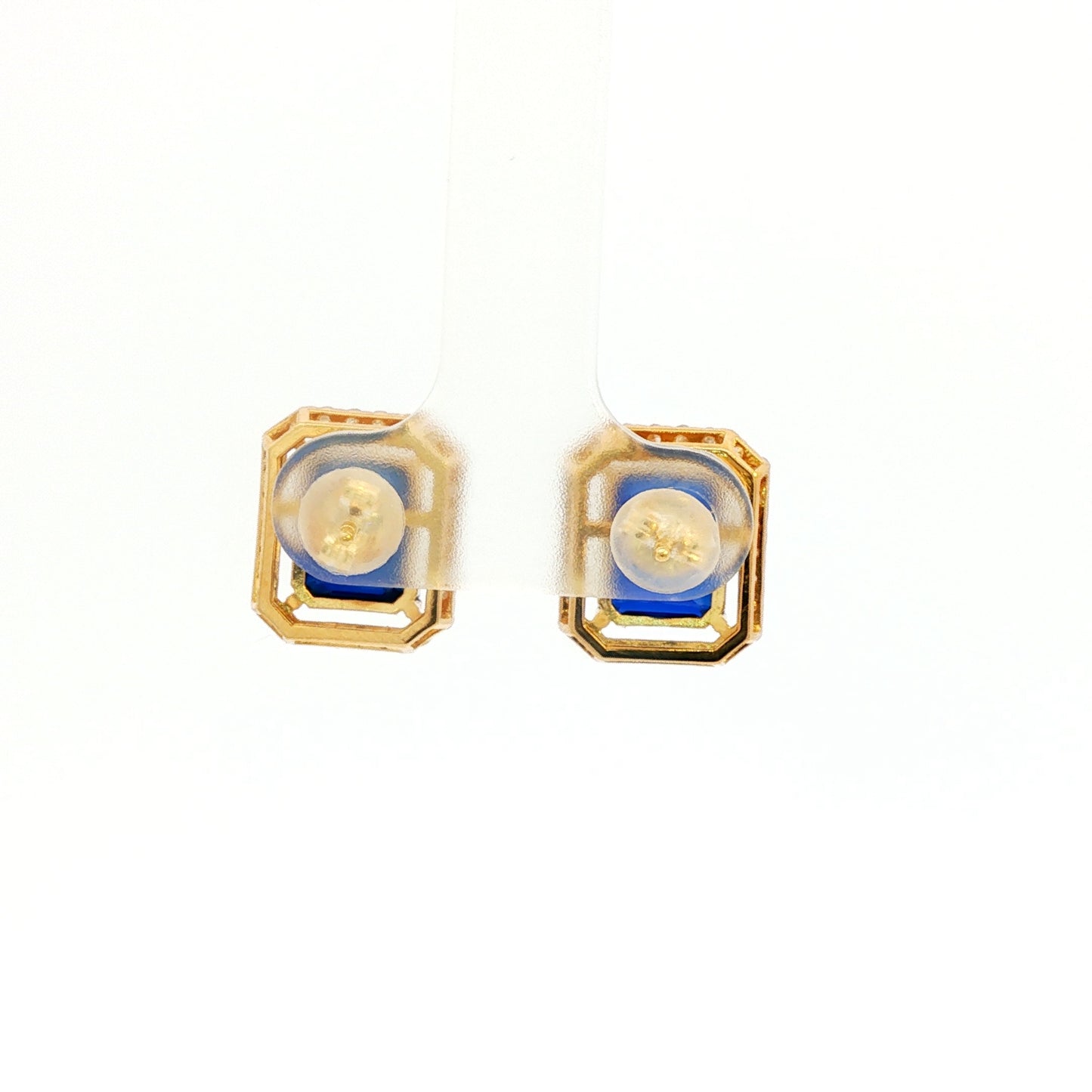 18K Yellow Gold Stud Gemstone Earrings with Deep Blue Emerald Cut Sapphires