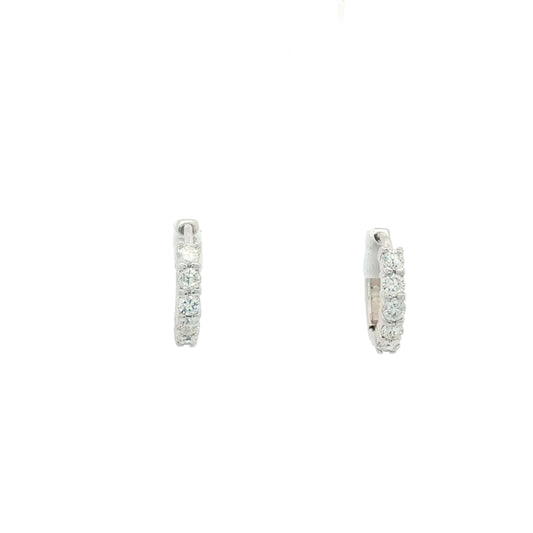 Pair of silver hoop earrings with small stones on a white background