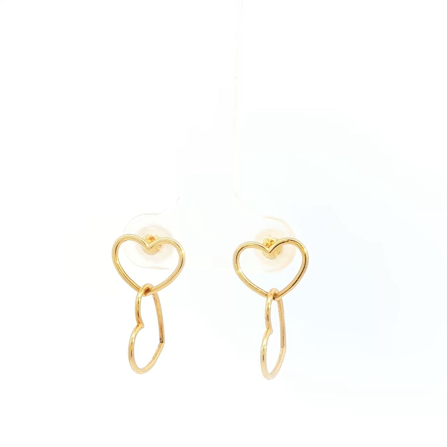 18K Japan Yellow Gold Double Heart Dangle Earrings